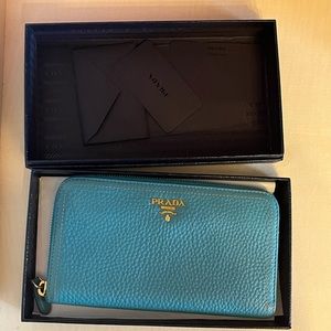 Pebbled Leather Zip Around Blue Prada Wallet w/ Box (damaged)